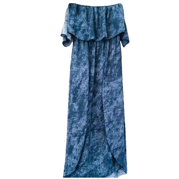 I LOVE JOAH Blue White Printed Off Shoulder Ruffle Tube Top Slit Maxi Dress M - Picture 2 of 9